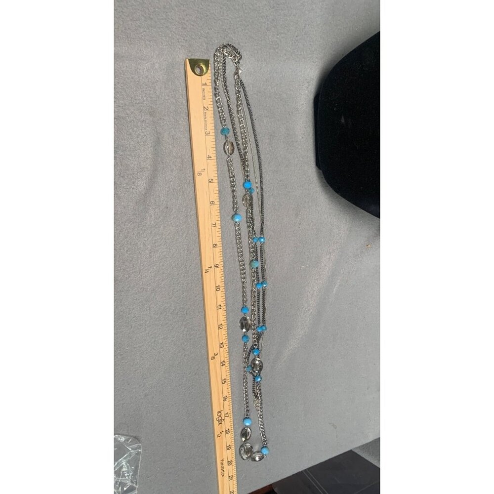 Layered Silver Tone Chain Necklace with Blue & Clear Beads Jewelry 42” - Picture 7 of 7